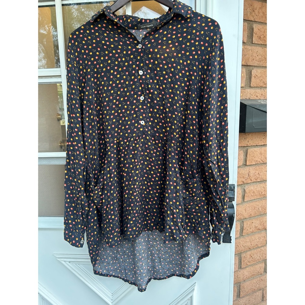 Alembika‎ Button Top Fruit Print Asymmetric Hem Size 4 US 12 14 Lagenlook